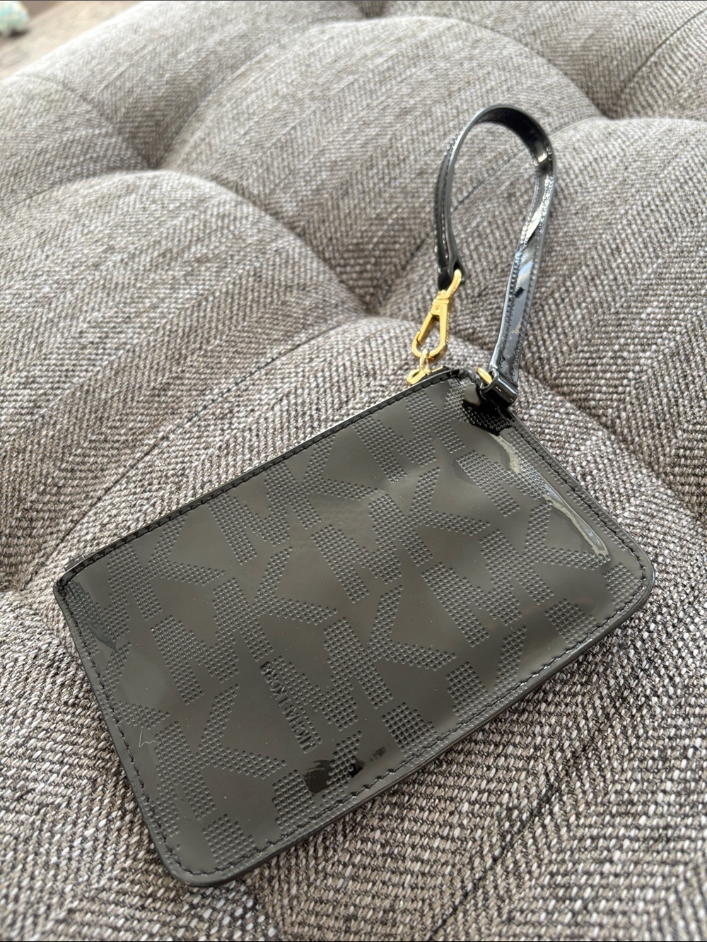 Michael Kors Black Patent Logo Wristlet with Gold Hardware